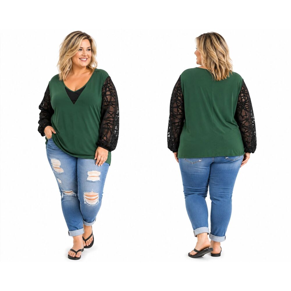 Women's Plus Size Blouse Size 2XL Hunter Green and Black Sheer Sleeves